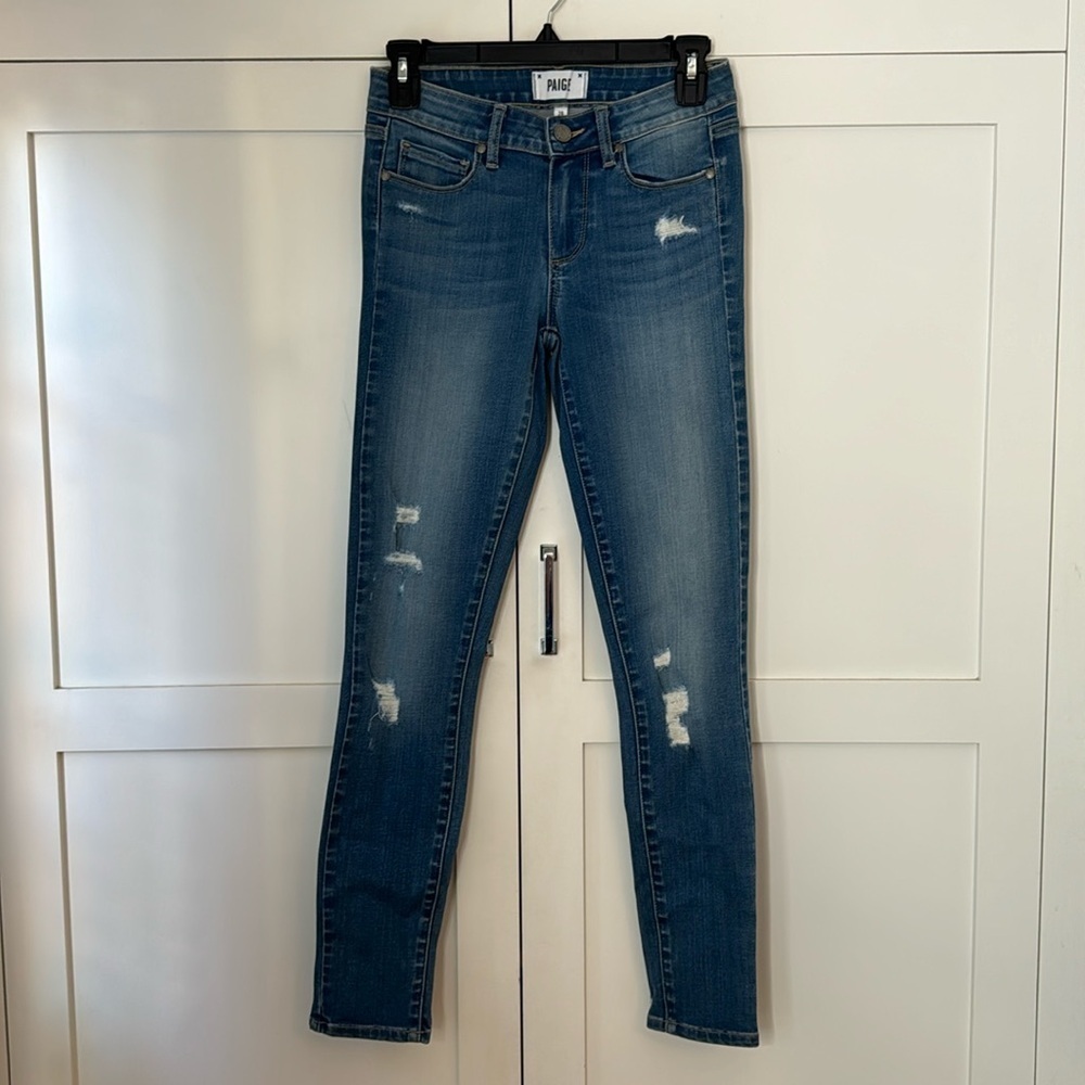Paige Medium Blue Denim skinny Jeans Holes size 28 New
